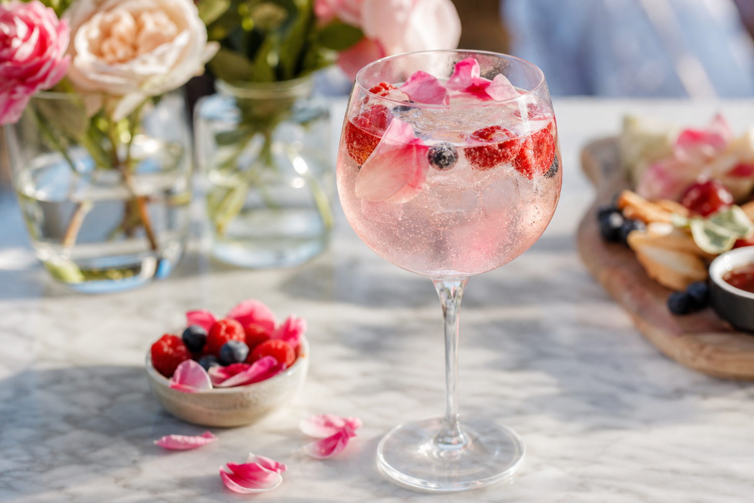 A rose gin and tonic garnished with rose petals and summer berries