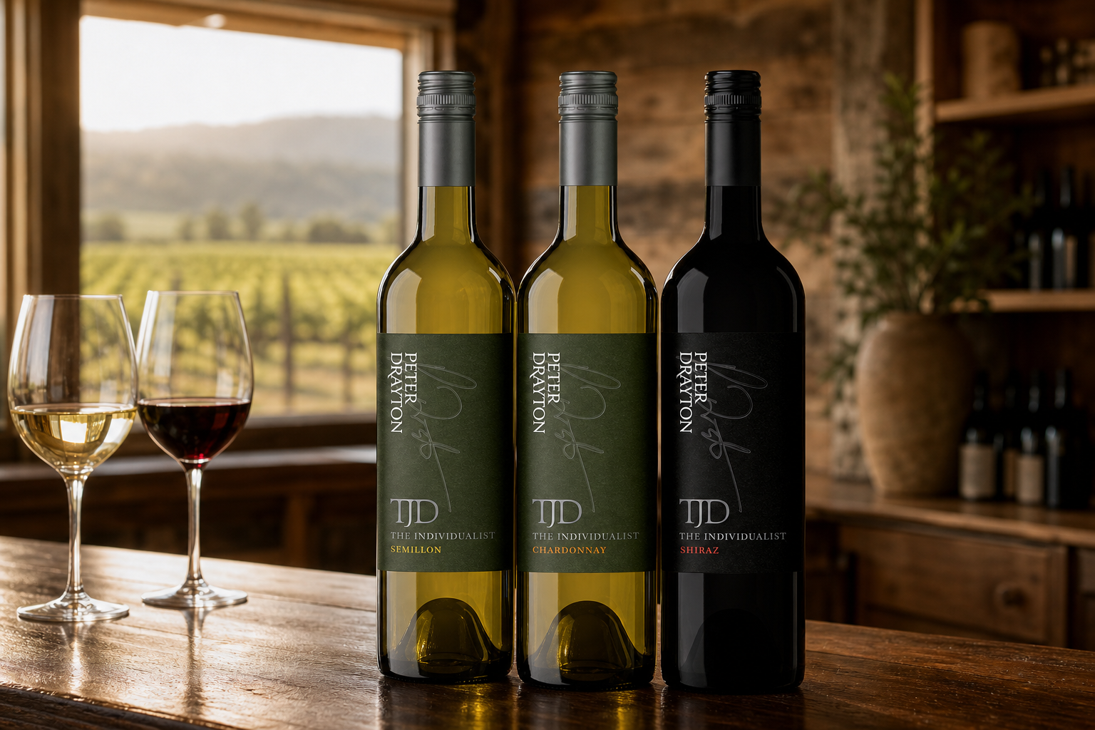 TJD Individualist Semillon, Chardonnay and Shiraz on the cellar door counter