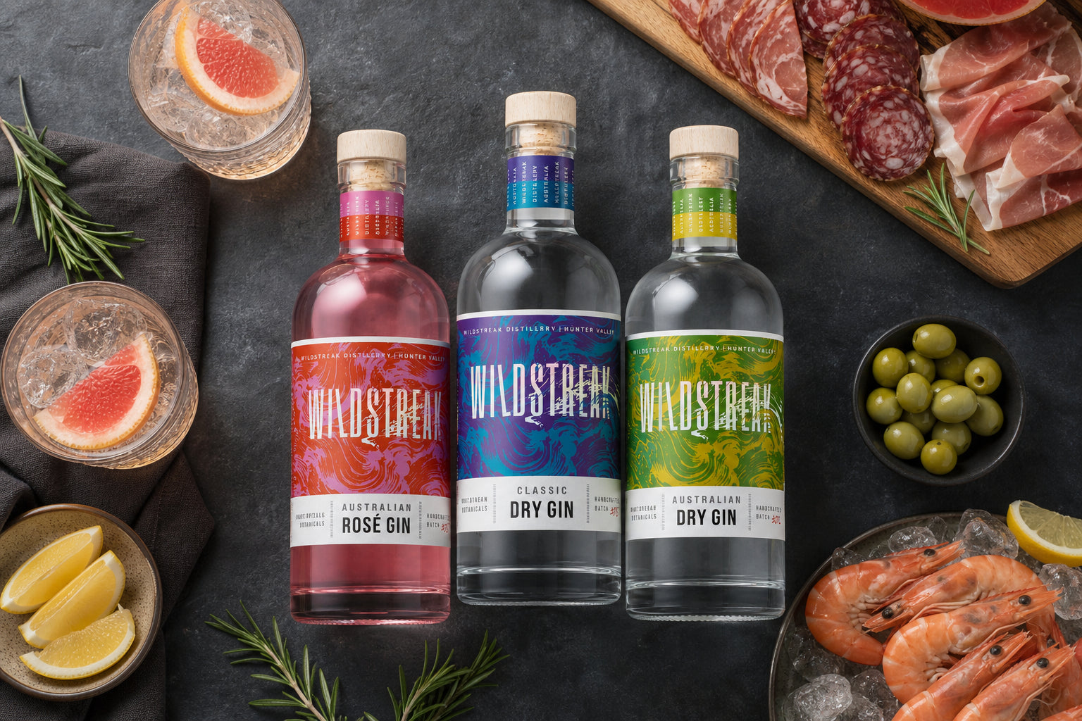 Wildstreak Distillery gin bottles with cocktails, prawns and charcuterie