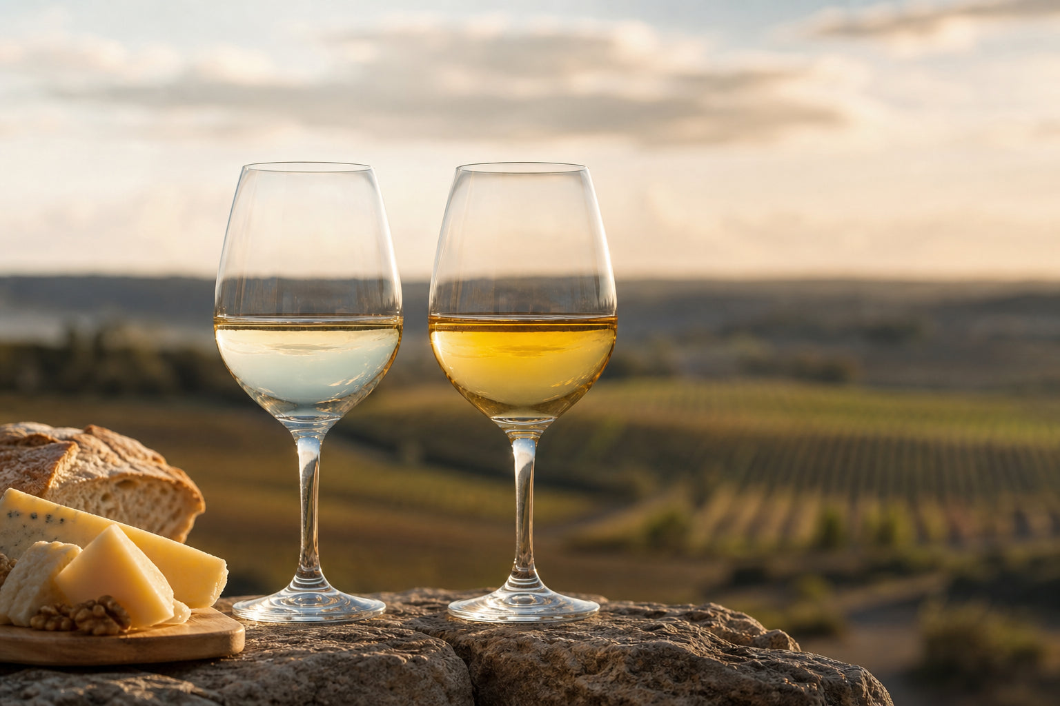 Two glasses of Hunter Valley Chardonnay with vineyard views at sunset