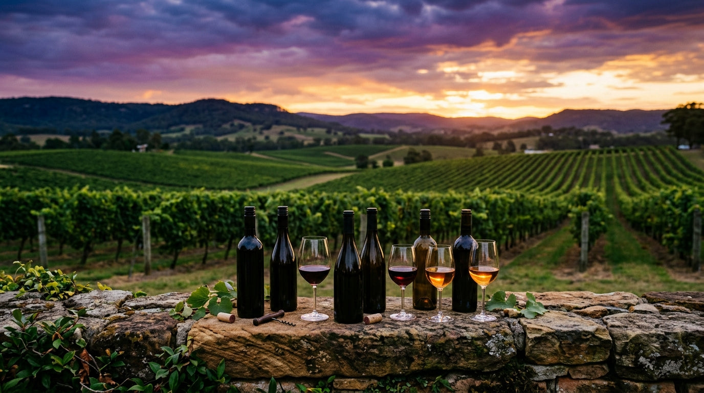 Alternative wine varietals at sunset in the Hunter Valley vineyard