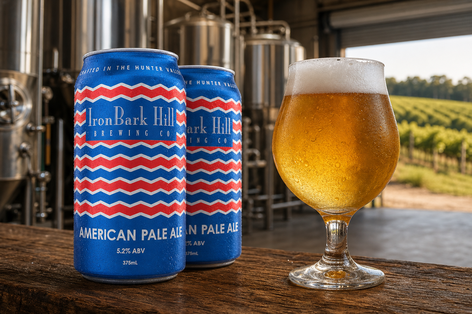 IronBark Hill American Pale Ale cans and a glass at the brewery