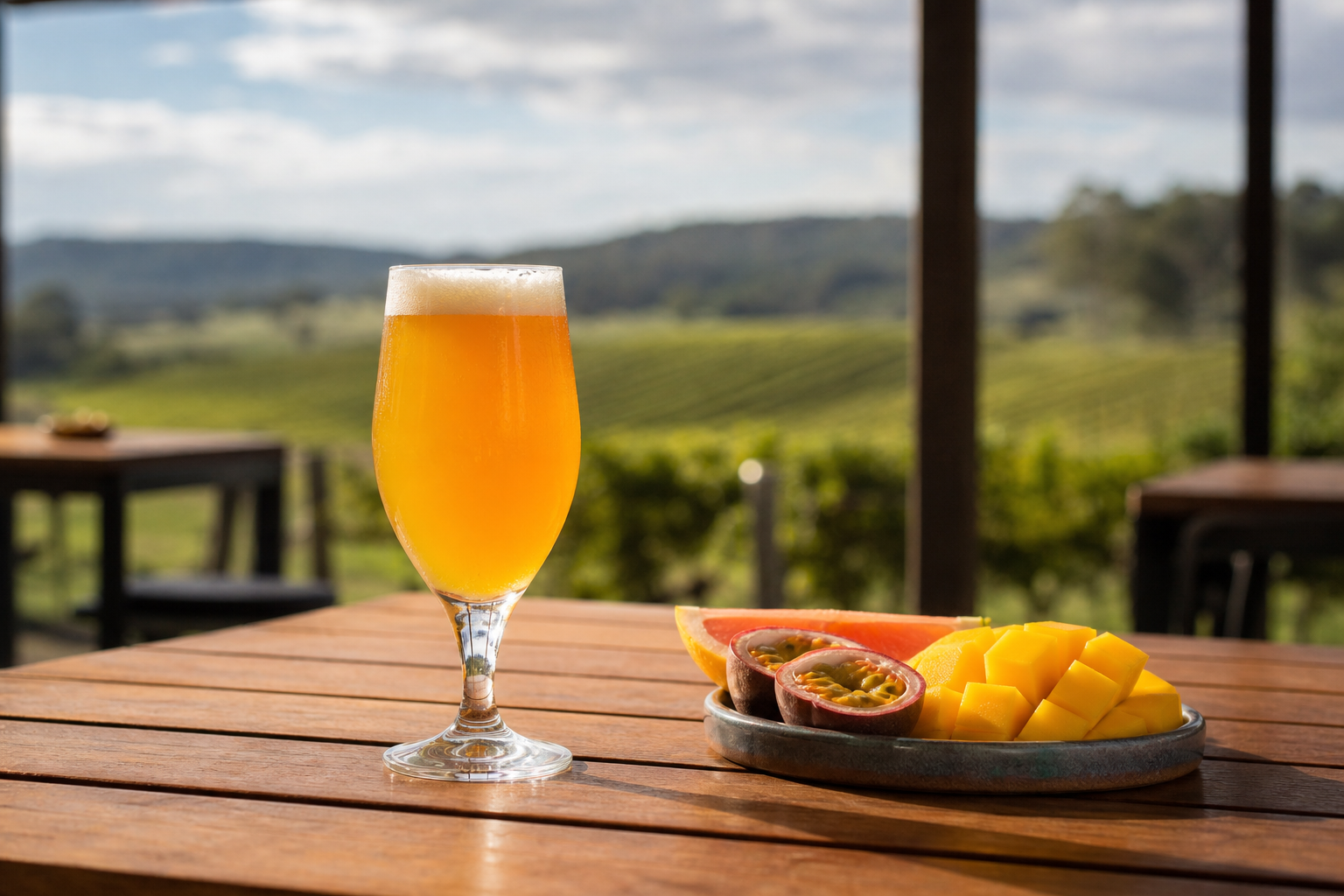 A hazy pale ale in the beer garden on a sunny afternoon
