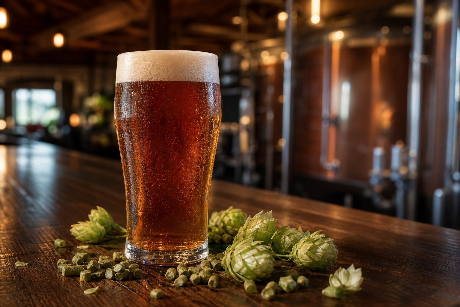 A glass of Hop Circus IPA with fresh hops
