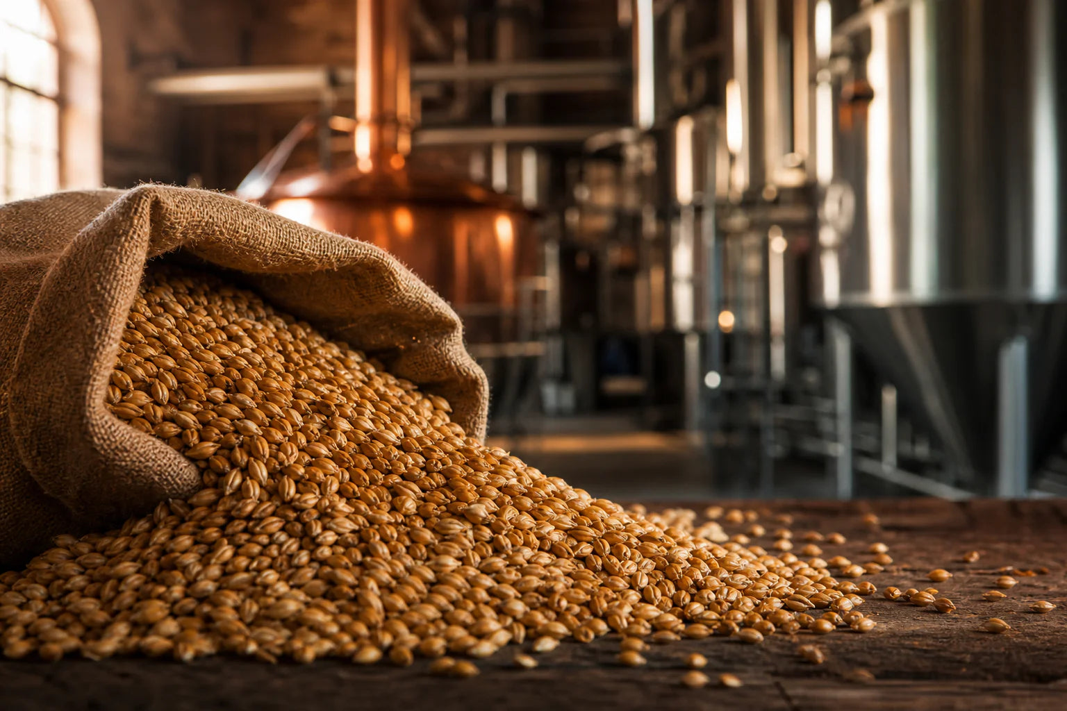Malted grain spilling from a hessian sack in the IronBark Hill Brewing Co brewery
