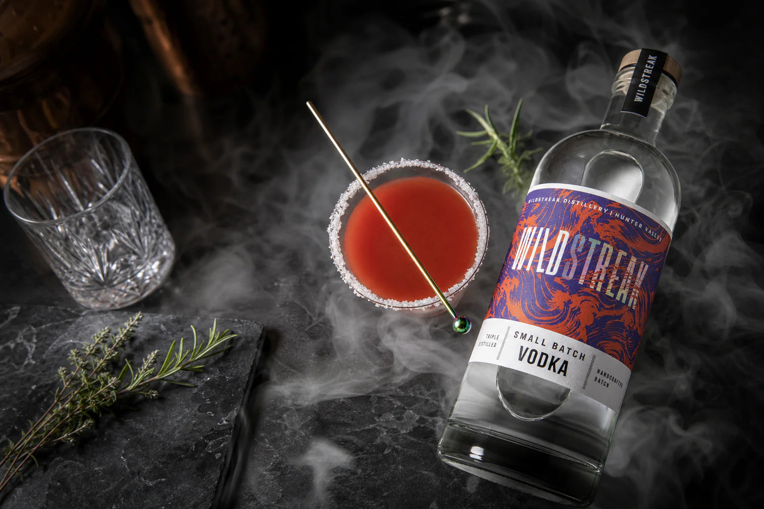 Wildstreak Small Batch Vodka with cocktail and botanicals at the Hunter Valley distillery
